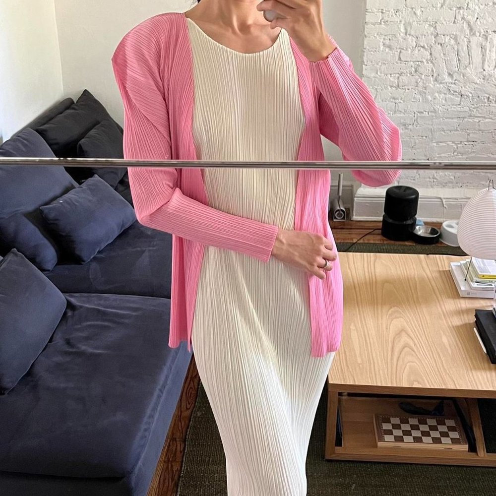 Issey Miyake Pleats Please pink open knit cardigan